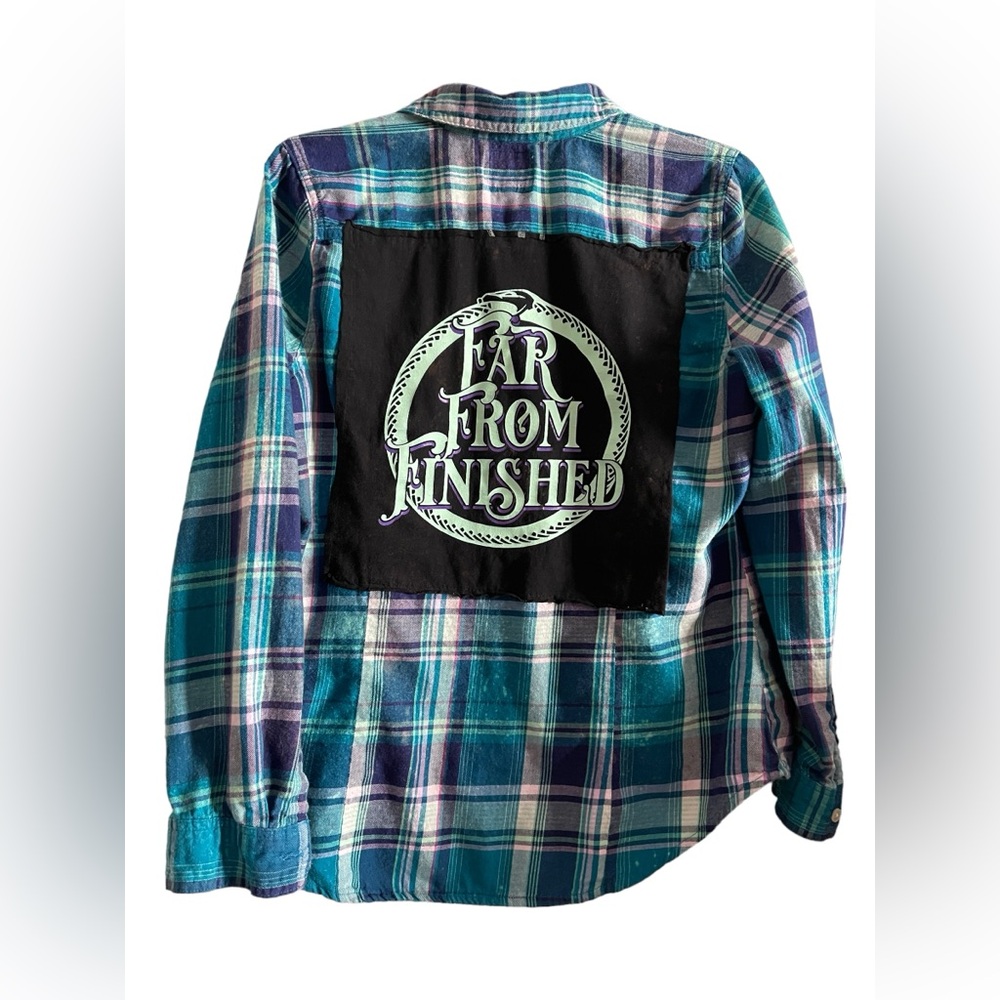 Far From Finished shirt sewn on hand dyed vintage feel Old Navy Large flannel